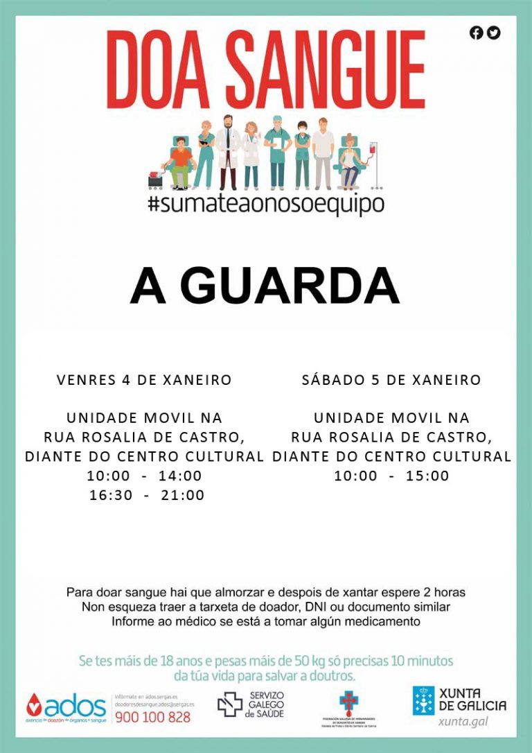La unidad móvil de donaciones de sangre estará instalada en la Guarda el viernes 4 y sábado 5 de enero