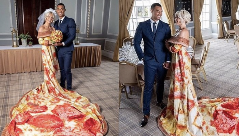 Una pizzería paga el viaje de novios a quien se atreva a casarse con su 'vestido-pizza'