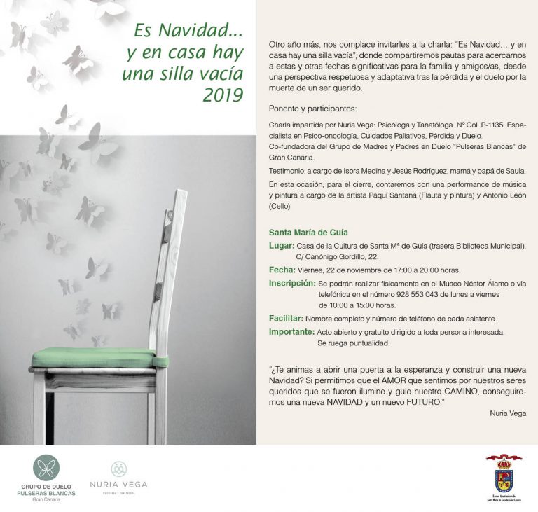 El Grupo de Duelo ‘Pulseras Blancas’ ofrece la charla “Es Navidad...y en casa hay una silla vacía” en la Casa de la Cultura de Guía