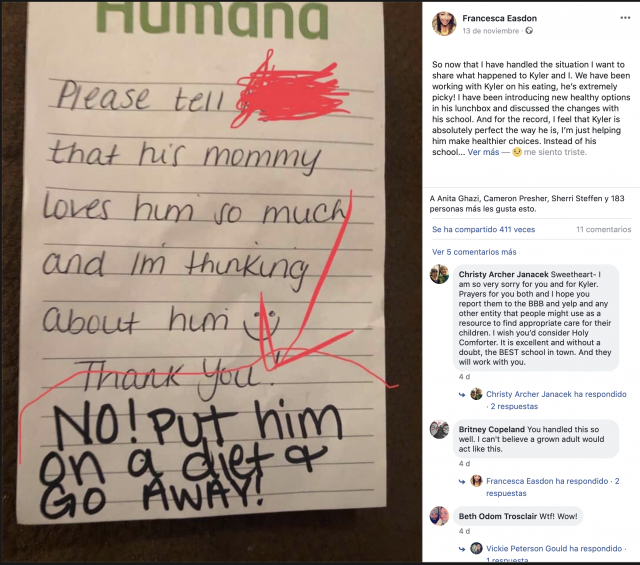 La polémica nota de la profesora de una guardería por la que ha sido despedida: "Pon a tu hijo a dieta y vete" 35 Captura de pantalla 2019 11 19 a las 10.22.54