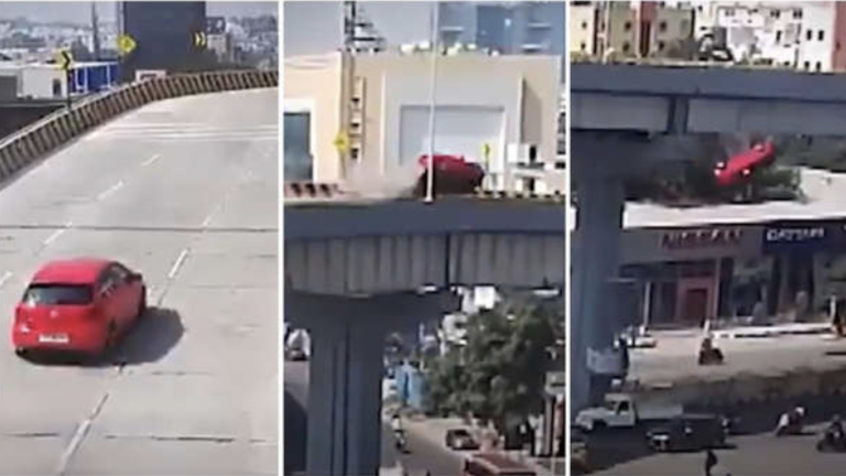 Espectacular accidente en la India: un coche cae desde 18 metros sobre los pasajeros de una parada de autobús