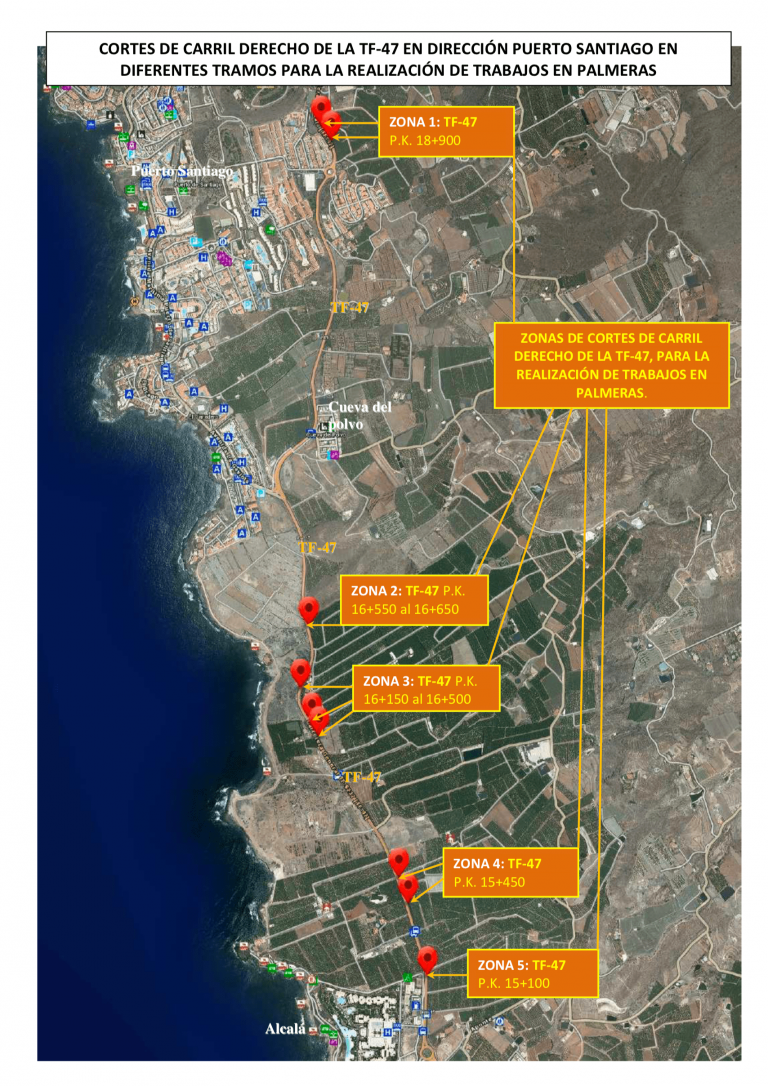 Cortes de carril en la TF-47, en dirección Puerto Santiago, por trabajos de poda de palmeras