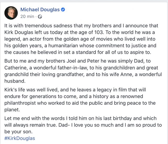 El emotivo mensaje de Michael Douglas anunciando la muerte de su padre 1 8E8A54C9 C367 4328 AFF7 C2ED3D1423A8