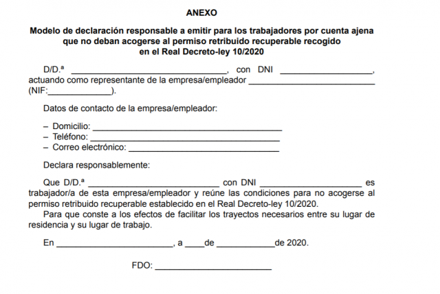 Este es el certificado que tiene que firmar tu empresa si necesitas seguir acudiendo a tu puesto de trabajo 1 permiso