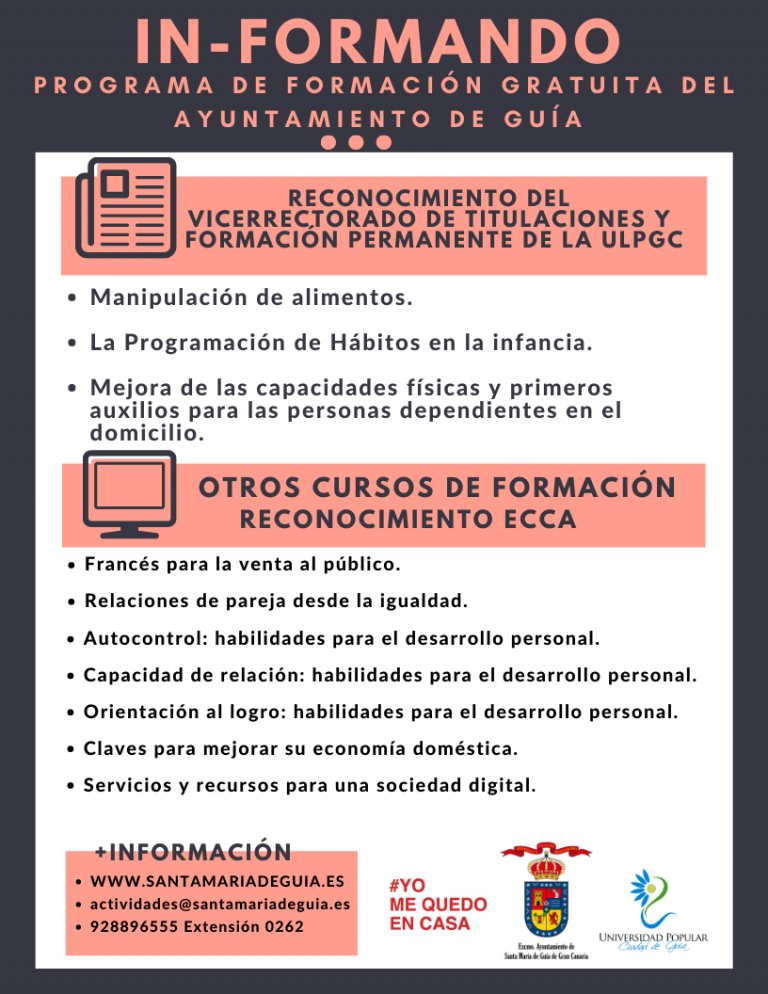 El Ayuntamiento de Santa María de Guía ofrece cursos de formación gratuita, online, con reconocimiento de la Universidad de Las Palmas de Gran Canaria
