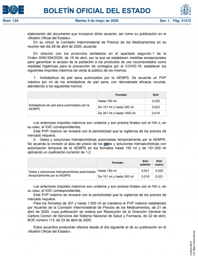 Sanidad sube el precio máximo de venta de los geles desinfectantes 1 boe geles