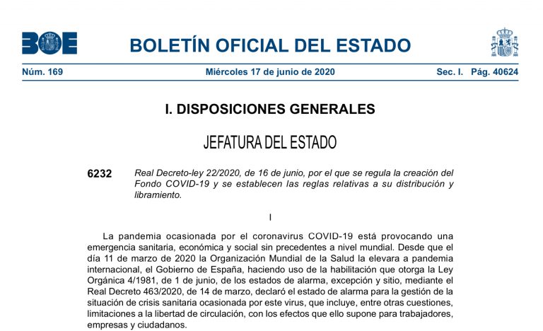El BOE publica el real decreto ley que regula el fondo Covid-19 de 16.000 millones para las CCAA