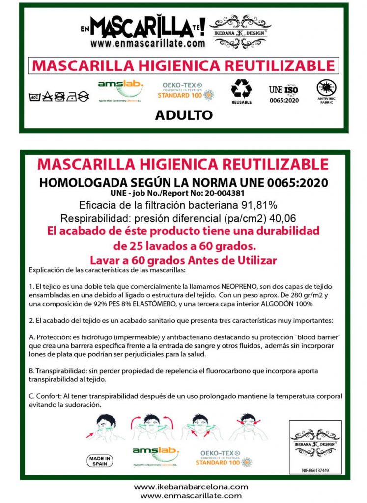 Etiqueta homologada en mascarillas