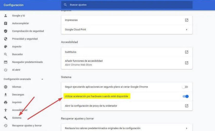 Aceleración en Google Chrome por hardware cuando esté disponible