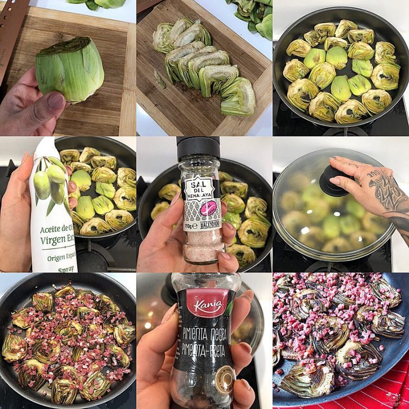 Elaboración de las alcachofas con jamón