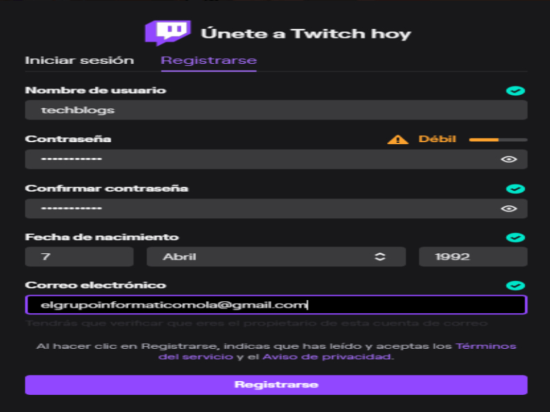 creación de cuenta en Twitch 