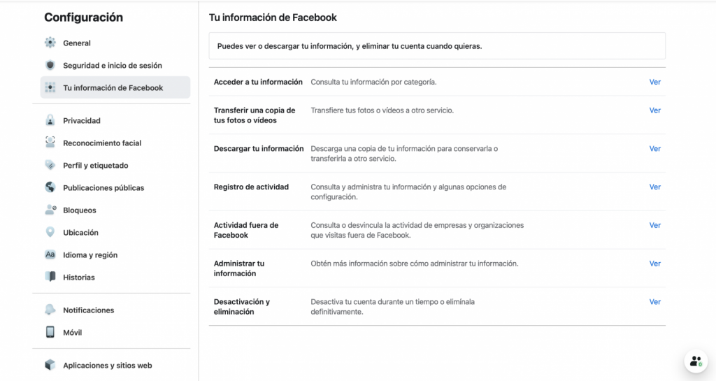 Facebook: así puedes crear una copia de seguridad de fotos y vídeos 3 Configuración de tu información de Facebook
