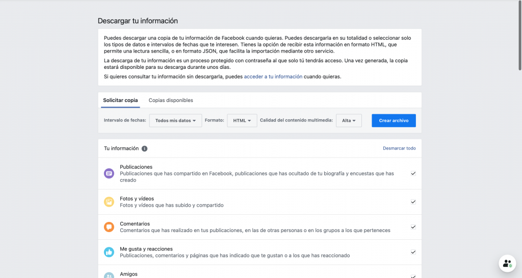 Descargar la información de Facebook