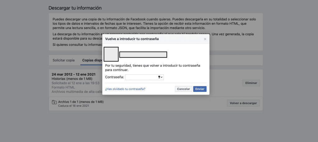 Vuelve a introducir tu contraseña de Facebook para poder descargar tu copia de seguridad