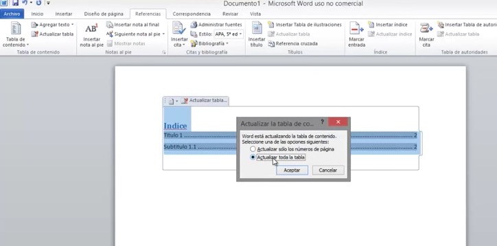 Crear el índice en Word