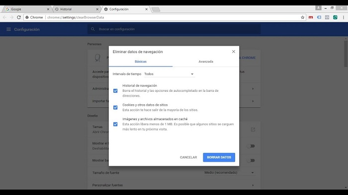 borrar archivos temporales google chrome