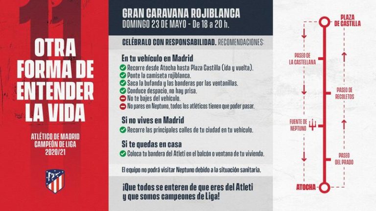 El Atlético llama a celebrar este domingo la Liga con una caravana rojiblanca en coche por Madrid