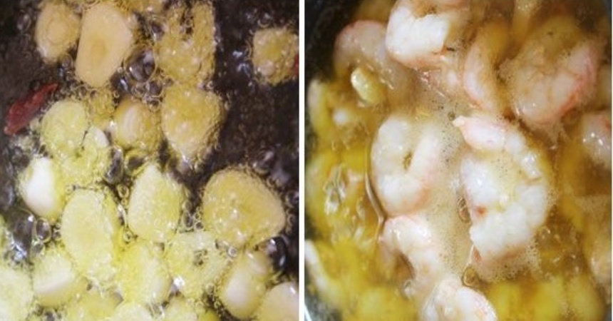 Cocción gambas al ajillo