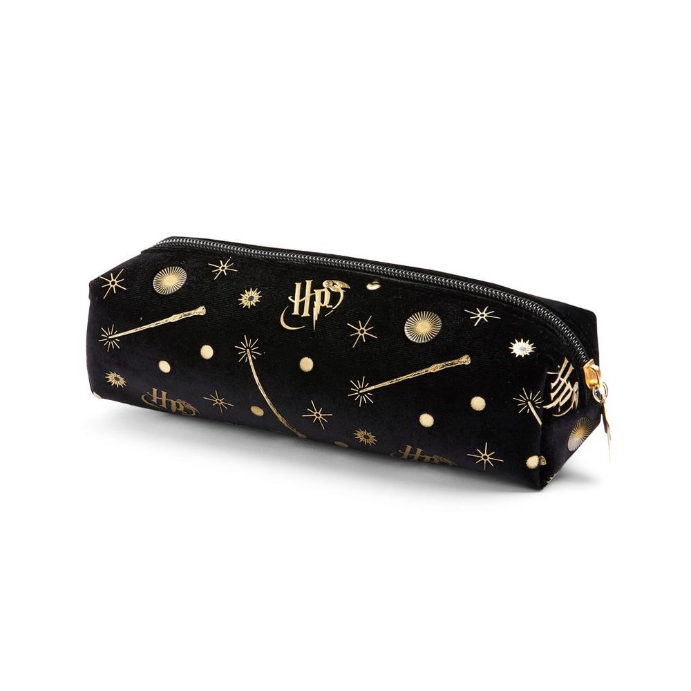 Neceser de maquillaje negro pequeño con estampado de varitas de Harry Potter