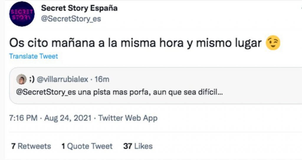 Pantallazo de último tuit de Secret Story España día 24 de agosto
