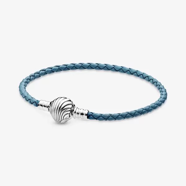 Pulsera Pandora Moments en Cuero Trenzado Turquesa con Cierre de Concha