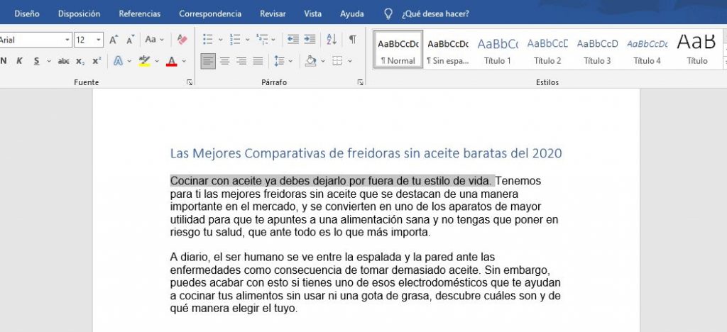 La selección de frases en el procesador de texto