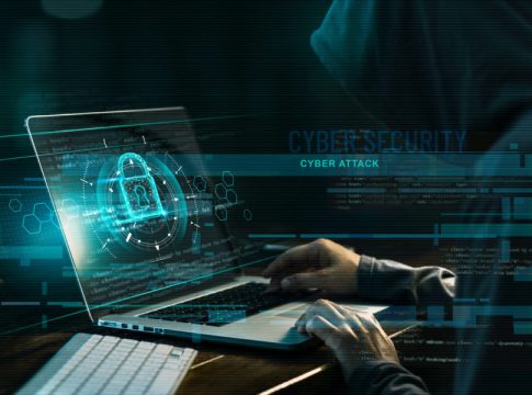 Cyber security concept. Internet crime. Hacker working on a code and network with lock icon on digital interface virtual screen dark digital background.