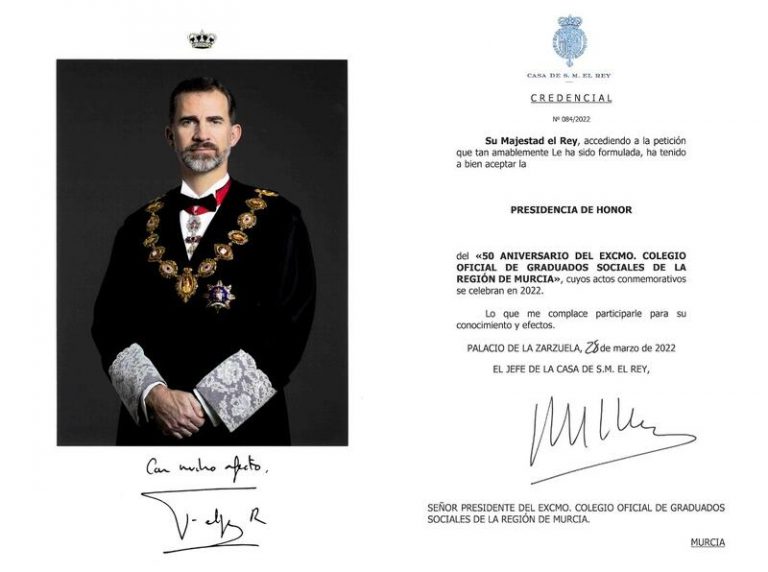 El Rey de España acepta la Presidencia de Honor del 50 Aniversario del Colegio de Graduados Sociales de la Región