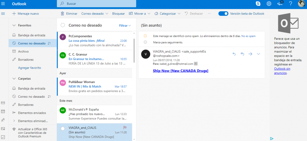 ¿Y si lo que quiero configurar es el filtro de Outlook?