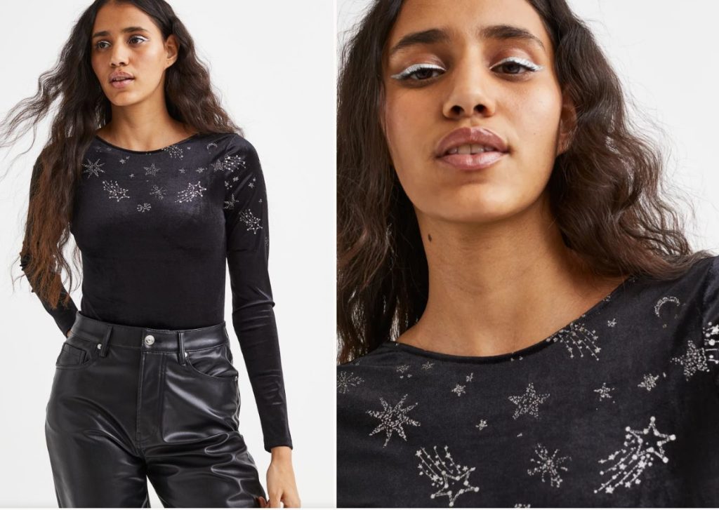 H&M: Body de velour con motivo brillante