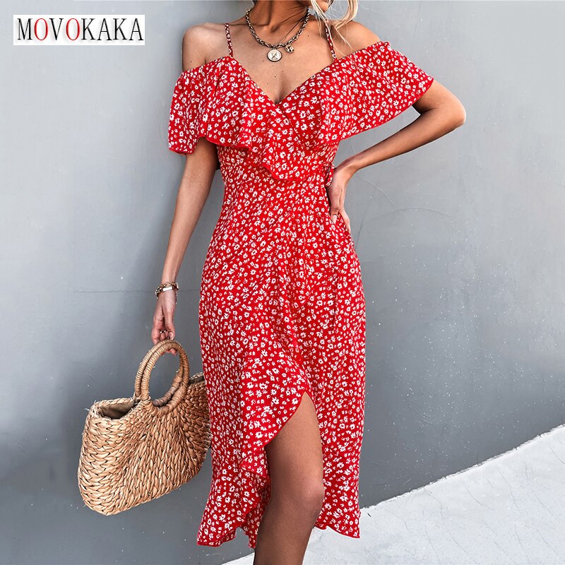 MOVOKAKA vestido Midi de verano para mujer traje Sexy con tirantes informal con hombros descubiertos con