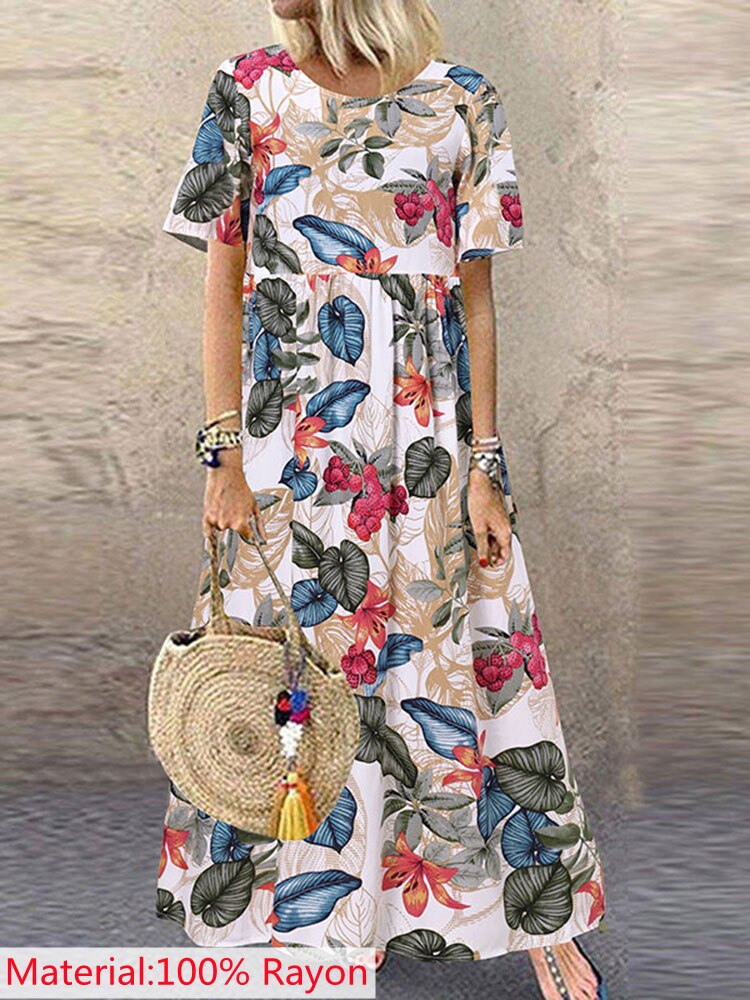 ZANZEA Vestido largo holgado con estampado Floral para verano traje playero de manga corta Estilo Vintage