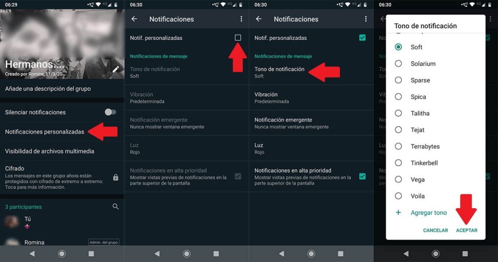 ¿Cómo se hace para personalizar las notificaciones que recibes de un contacto?