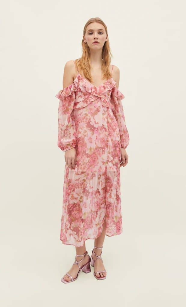 Vestido midi estampado hombros descubiertos