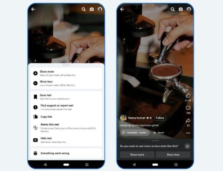 Facebook destaca los 'reels' y ofrece controles para ver más o menos vídeos cortos similares