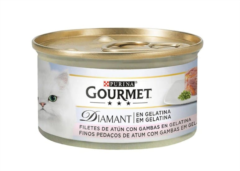 Comida humeda para gatos adultos Gourmet Diamant Finas Laminas en Gelatina con atun y gambas 85 g