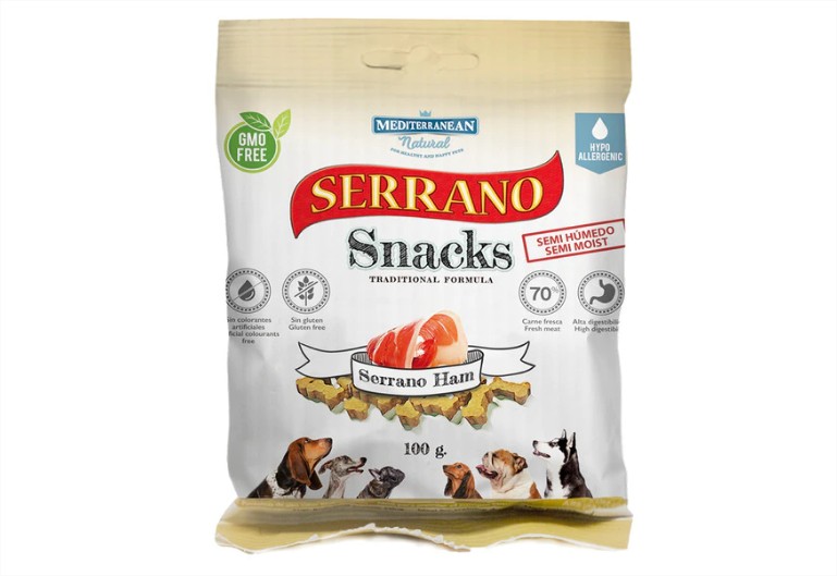 Snack para perros adultos pequeños, medianos y grandes Mediterranean Natural Serrano jamón serrano 100 g
