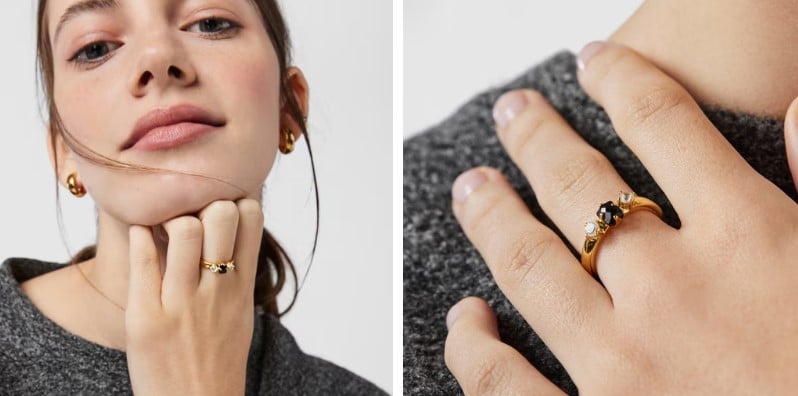 Anillo con baño de oro 18 kt sobre plata y ónix y zircón