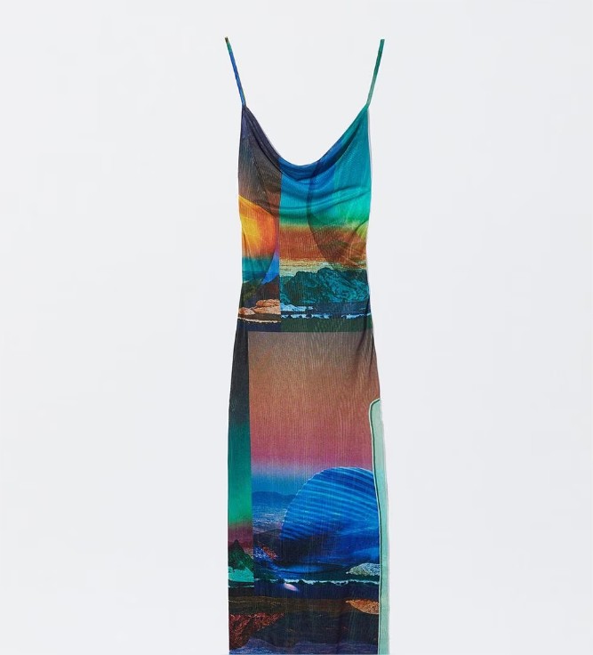 Vestido ajustado de tirantes con estampado de paisaje