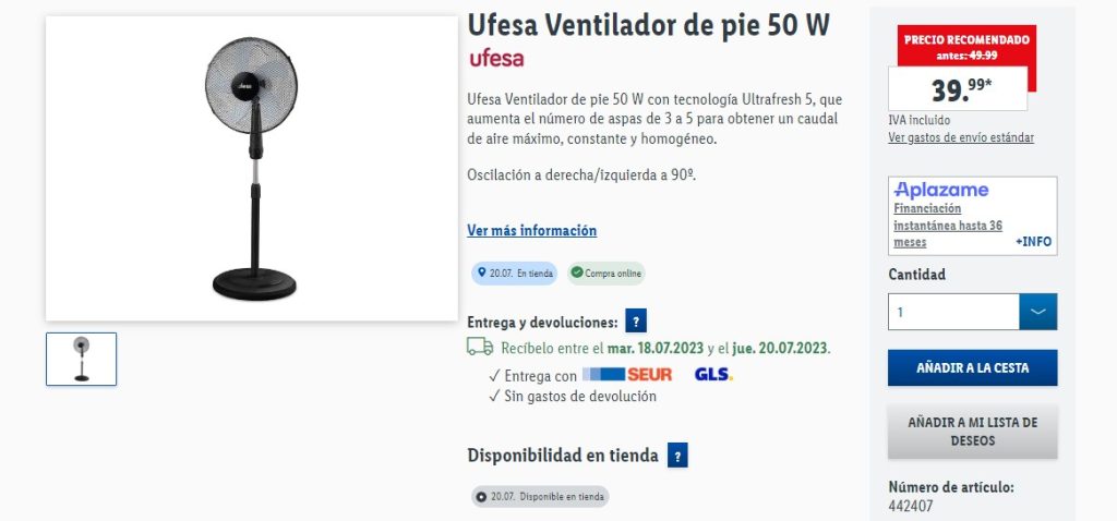 Ufesa Ventilador de pie 50 W de Lidl