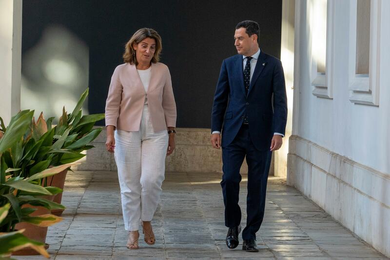 El presidente de la Junta de Andalucía, Juanma Moreno (d) y la vicepresidenta tercera del Gobierno y ministra para la Transición Ecológica y el Reto Demográfico en funciones, Teresa Ribera (i), en su reunión en San Telmo