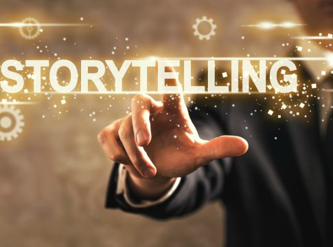 StoryTelling text with businessman on dark vintage background Storytelling