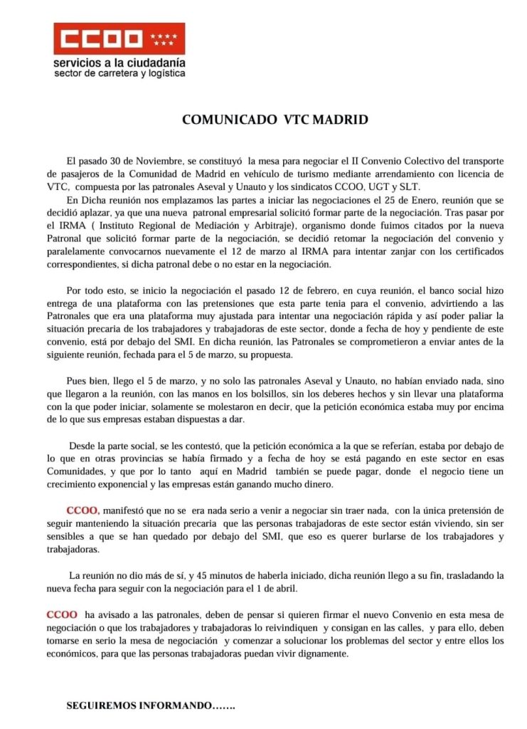 CCOO negociacion Cabify Uber