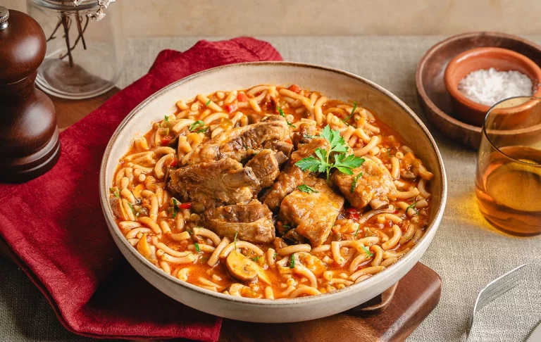 Cazuela de fideos con costillas, un plato sofisticado para una comida o cena especial