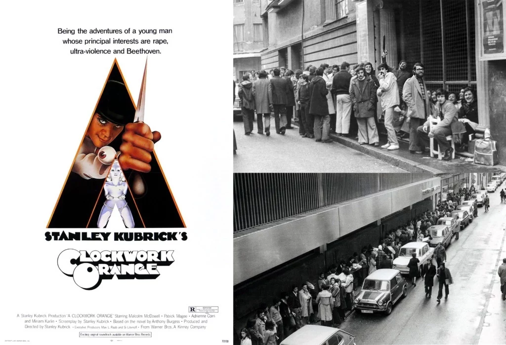 EuropaPress 3673560 cartel original naranja mecanica junto cola espectadores seminci teatro 1