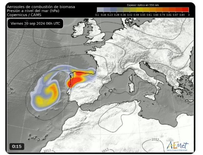 Partículas de humo de incendios de Portugal oscurecerán el cielo del norte de España hasta el domingo, avisa AEMET