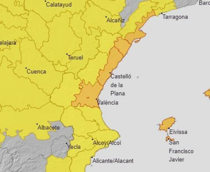 Aemet activa el aviso naranja por lluvias de hasta 150 l/m2 en 12 horas este jueves en litorales de Valencia y Castellón