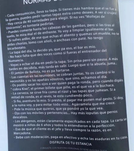 La insólita tabla de normas de este bar en Granada 2 Curiosa carta en bar de Granada