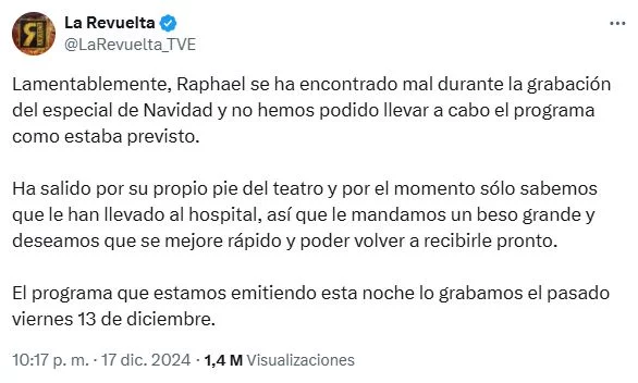 Mensaje de 'La Revuelta' sobre Raphael