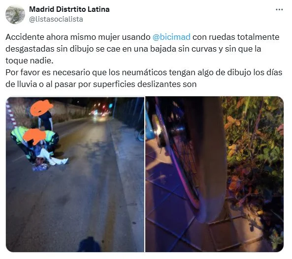 Bicimad desoye los accidentes de usuarios y riders por el «lamentable» estado de las bicicletas 2 caso accidente Bicimad Twitter